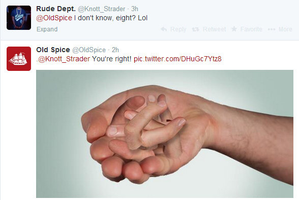 Old Spice. . How many fingers am I holding up? Expand. better have gotten a promotion or some