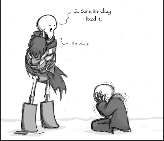 sad skelly bros.. Papyrus is the one who broke me. i got to his fight and just could not kill him. he's by far my favourite character in undertale.. Hag Sortsa.