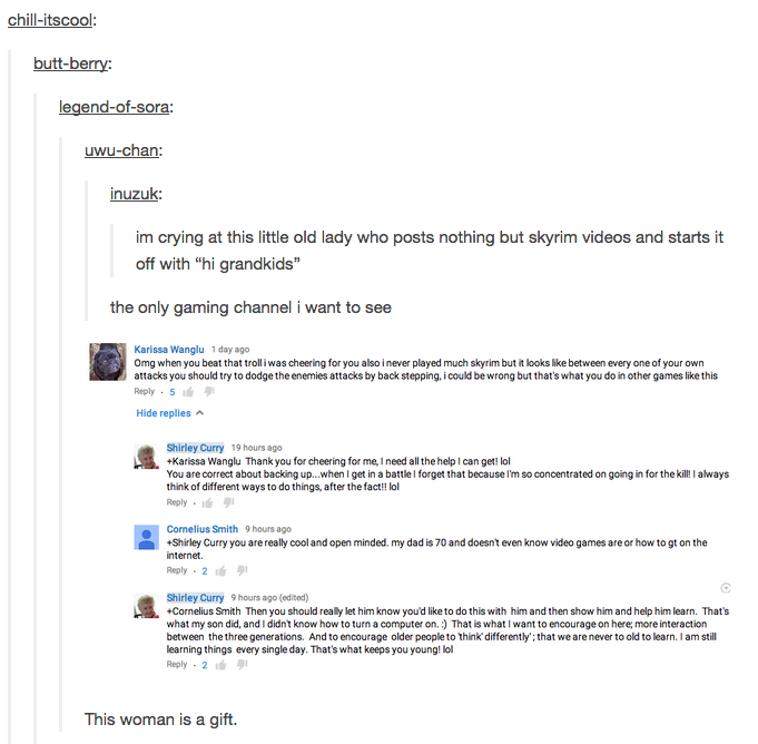 Shirley Curry. . AT& T aittir 1: 05 AM Bl I 84% -ISO 6 Shirley Curry Shirley Curry Subscribe 37, 738 HOME VIDEOS PLAYLISTS CHAI SKYRIM we 18 There Be Trolls!! v