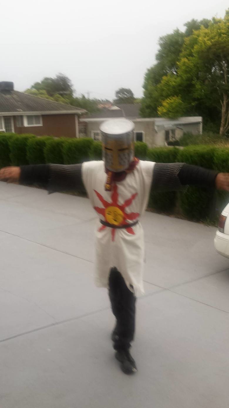 solaire of astora. Whipped this together tonight, wanted some input, I know im missing the green shoulders and the boots. Scalf isnt right but its what I had. C