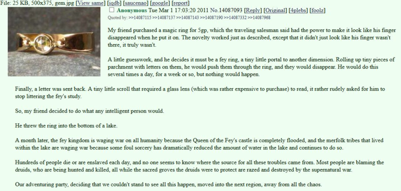 Some cool stories. First off, the very classic Sir Bearington. Some nice inter-character drama. Why you don't toss magical rings into lakes. DMs who troll you f